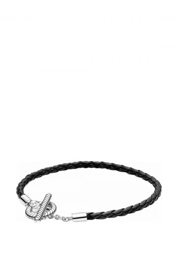 سوار فضة عيار 925  بطول 17.5 سم من باندورا سيجنتشر Pandora Signature  Sterling Silver Toggle Bracelet With Black Leather 