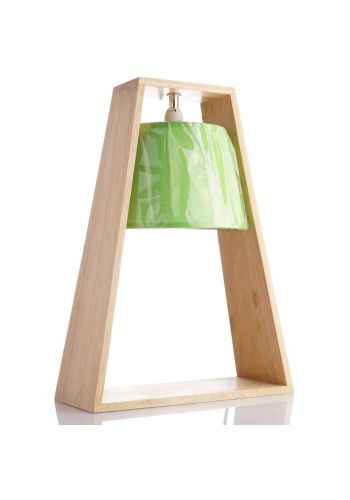 مصباح طاولة بقاعدة خشب - اخضر