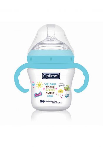 Optimal  Mamilla Extra Wide Neck With Handle - Double Anti - Colic System  (6-18m) 210ml blue رضاعة بلاستيك للاطفال مع مقبض يد