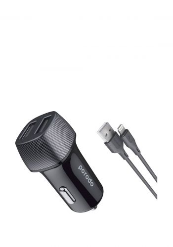 Porodo PD-34CCV2L-BK Dual Port Car Charger 3.4A With 0.9m Lightning Cable-Black شاحن موبايل للسيارة من بورودو