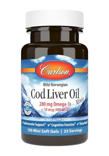 زيت كبد سمك القد النرويجي  100 كبسولة هلامية من كارلسون Carlson Cod Liver Oil Minis 280mg Omega-3s + 10mcg (400 IU) D3 Dietary Supplement 