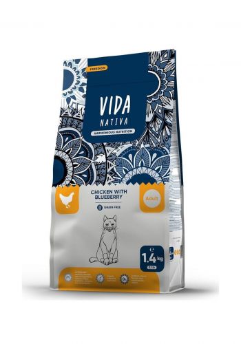 طعام جاف للقطط البالغة بنكهة الدجاج  مع التوت الازرق 1.4 كغم من كرافتيا Kraftia Vida Nativa Chicken With Blueberries Cat Food