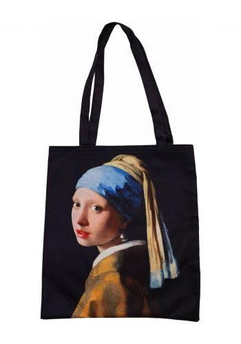 حقيبة توت باك بنقشة فتاة ذات القرط اللولؤي  باللون  الاسود Tote Bag