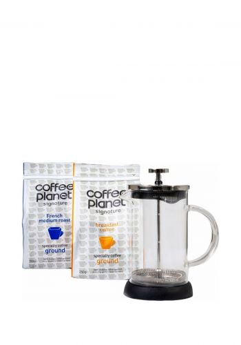 بكج قهوة 3 قطع (حبوب قهوة فرنسية مطحونة 250 غم + حبوب قهوة فطور مطحونة 250 غم + مكبس القهوة الفرنسي 600 مل) من كوفي بلانيت Coffee Planet Coffee Package (Ground French Coffee + Ground Breakfast Coffee + French Press) 