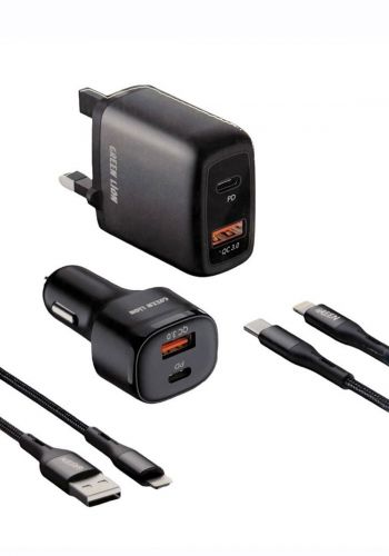 شاحن جداري مع شاحن سيارة 20 واط من كرين Green GN4IN1COMBO 4In1 Combo Fast Car Charging with Multi-Port Wall Charger-Black