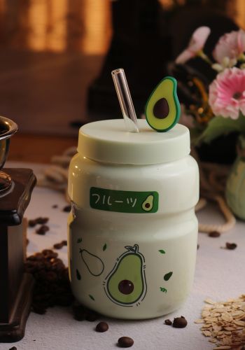 كوب سيراميك مع قصبة زجاج 450 مل