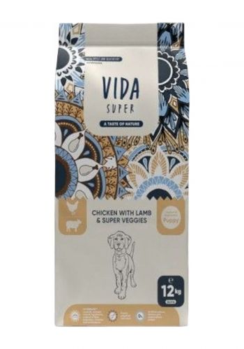 طعام جاف للكلاب الصغيرة بنكهة الدجاج مع لحم الغنم والخضار 12 كغم من كرافتيا  Kraftia Vida Super Dog Puppy M/L Chicken & Lamb 