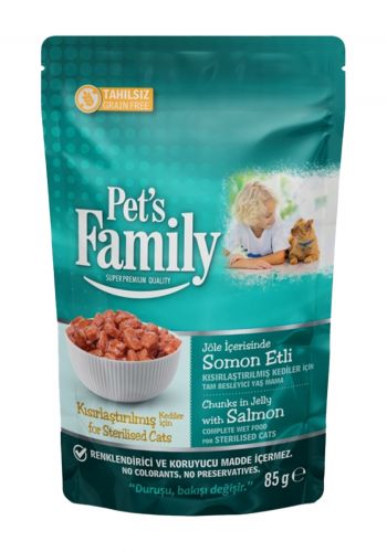 طعام للقطط المعقمة بنكهة السالمون 85 غرام من بيتس فاملي Pets Family Pouch Neutered Cat Salmon Jelly For Sterilised Cats
