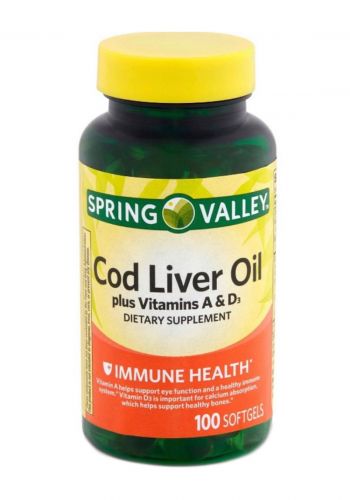مكمل غذائي 100 كبسولة من سبرنك فالي Spring Valley Spring Valley Cod Liver Oil Plus Vitamins A & D3 Dietary Supplement