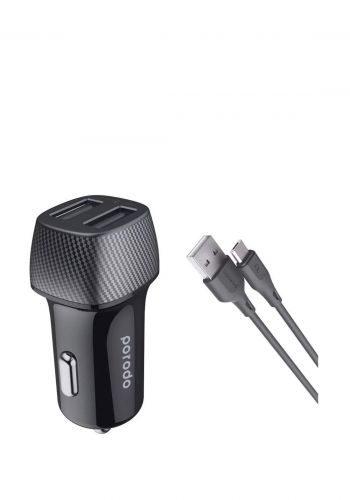 PorodoPD-34CCV2M-BK Dual Port Car Charger 3.4A With 0.9m  Micro USB Cable-Black شاحن موبايل للسيارة من بورودو