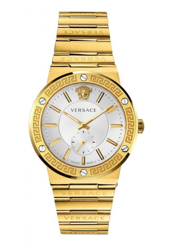 ساعة رجالية 42 ملم بسوار ستانلس ستيل ذهبي اللون من فيرساتشي Versace VEVI00520 Greca Logo Mens Watch