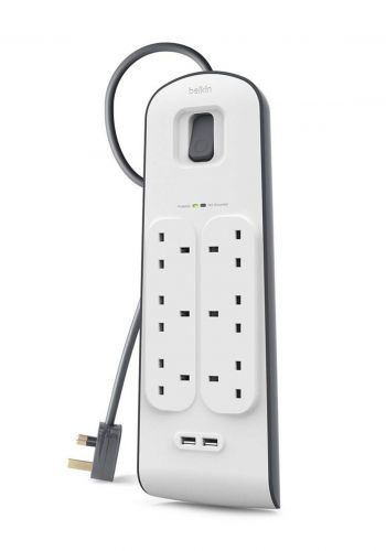  سيار كهربائي  230 فولط مع منفذين يو اس بي من بيلكن Belkin SV603af2M 2,4 Amp USB Charging 6-outlet Surge Protection Strip - White ( 3016 ) 
