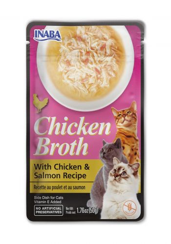 طعام قطط خالي من الحبوب مع الدجاج والسلمون 50 غرام من  إيناباInaba Chicken Broth with Chicken and Salmon Recipe Side Dish for Cats