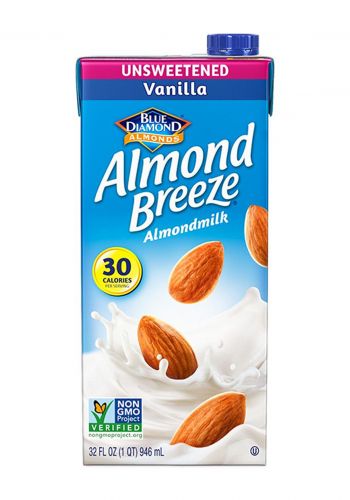 حليب لوز خالي من السكر بنكهة الفانيلا 946 مل من بلو دايموند الموندز Blue Diamond Almond Breeze Unsweetened Vanilla