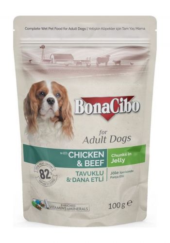 طعام رطب للكلاب بلحم البقر والدجاج 100 غم من بوناسيبو BonaCibo Dog Adult Chicken & Beef Dog Food