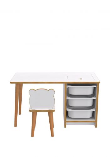 طاولة مدرسية للاطفال مع كرسي ورفوف جانبية ثلاثية بيضاء اللون  