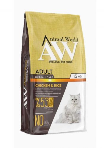 طعام جاف للقطط البالغة بنكهة الدجاج 15 كغم من انيمال ورلد Animal World hairball-care cat food