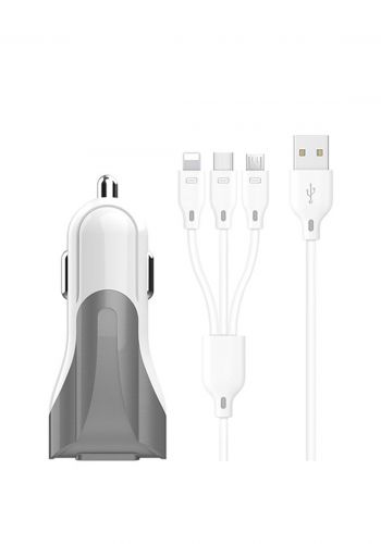 Recci Rcc-N09t 3 In 1 Cable Fast Car Charger ( Micro + Lightning + Type-C ) 3.1a - White شاحن سيارة
