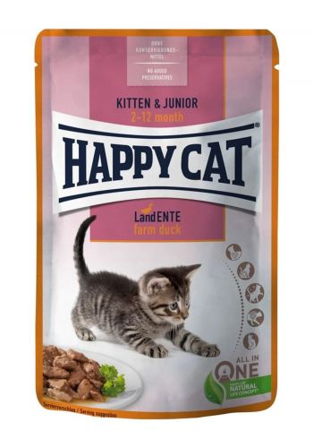طعام رطب للقطط  بنكهة البط  85 غم من هابي كات Happy Cat Wet Food Kitten & Junior Pouch Farm Duck 