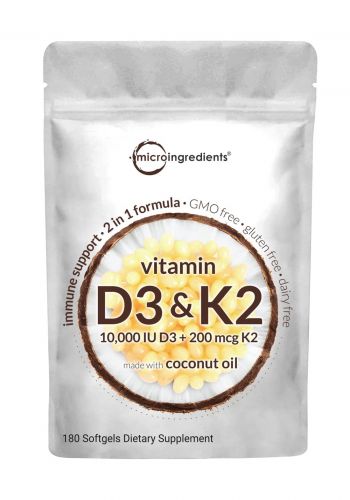 فيتامين  دي3 و كي2 مع زيت جوز الهند 180 حبة جيلاتينية من ماكرو انكريدينتس Micro Ingredients Vitamin D3 10000 iu & K2 200 mcg With Coconut Oil 
