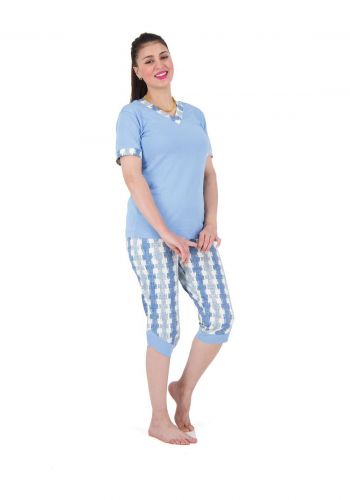 سيت بيجامة نسائية بأكمام قصيرة و بنطلون برمودا باللون السمائي  Women's Capri Set 