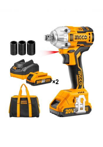 INGCO CIWLI2001 Lithium-ion Brushless Impact Wrench with 2pcs 20V Battery Pack and 1pc 1Hr Charger دريل شحن لقم صناعي 20فولت+2 بطارية