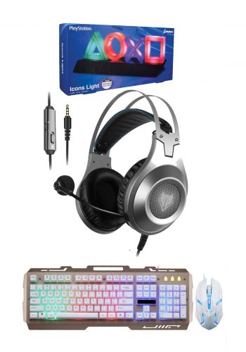  Set of  NUBWO  N2 Gaming Headphones &  Playstation Icons Light & G700 Gaming Keyboard and Mouse  بكج من سماعة وكيبورد وماوس وايقونات بلاستيشن 