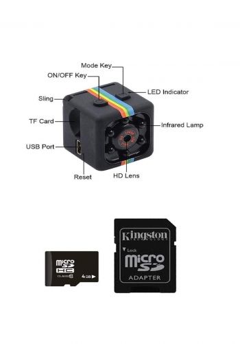 Ocamo SQ11 Mini Camera 1080P HD and  Flash Memory Card SDC4/4GB - Black كاميرا صغيرة الحجم و فلاش 