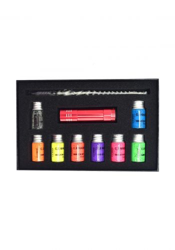 Glass pen with 7 fluorescent inks 7ml-قلم زجاجي  مع 7  أحبار فلورسنت  7 مل