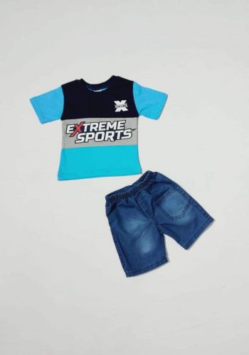 Boys' outfit blue (shirt and short) طقم ولادي سمائي (قميص وشورت )