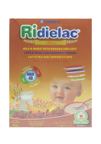غذاء اطفال حليب وقمح مع موز وتمر Ridielac ريديالاك  مناسب للاطفال من 1 - 3 سنوات 200 غرام 
