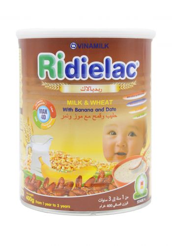غذاء اطفال حليب وقمح مع موز وتمر Ridielac ريديالاك  مناسب للاطفال من1 - 3 سنوات 400 غرام 